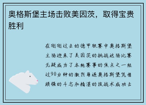 奥格斯堡主场击败美因茨，取得宝贵胜利