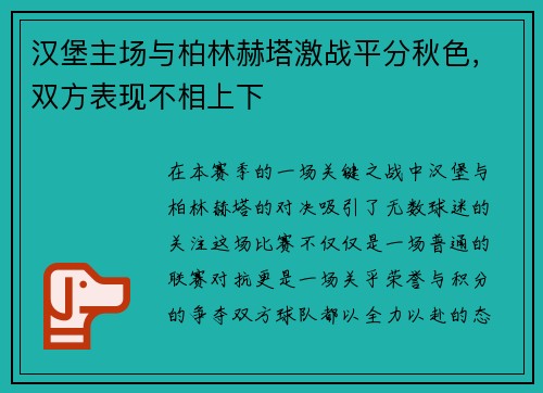 汉堡主场与柏林赫塔激战平分秋色，双方表现不相上下