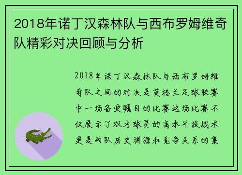2018年诺丁汉森林队与西布罗姆维奇队精彩对决回顾与分析