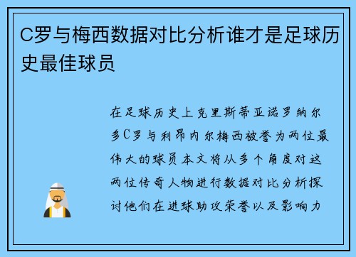 C罗与梅西数据对比分析谁才是足球历史最佳球员