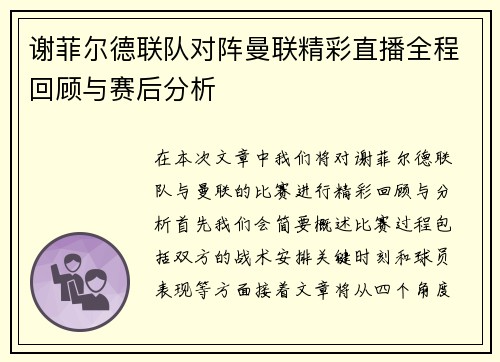 谢菲尔德联队对阵曼联精彩直播全程回顾与赛后分析