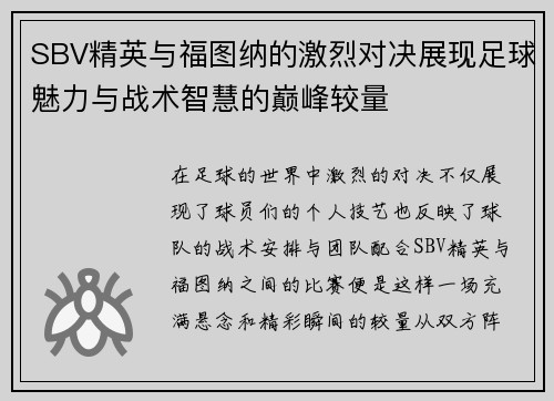 SBV精英与福图纳的激烈对决展现足球魅力与战术智慧的巅峰较量
