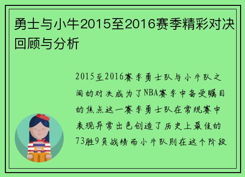 勇士与小牛2015至2016赛季精彩对决回顾与分析