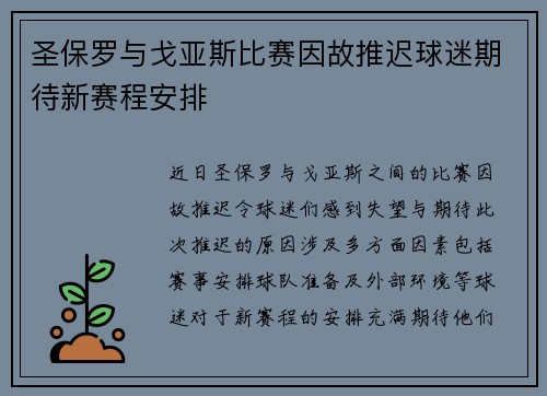 圣保罗与戈亚斯比赛因故推迟球迷期待新赛程安排