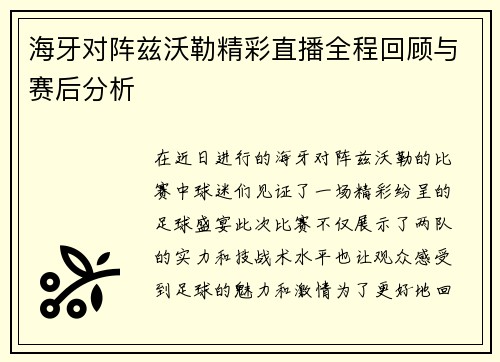 海牙对阵兹沃勒精彩直播全程回顾与赛后分析