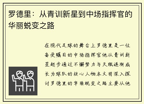 罗德里：从青训新星到中场指挥官的华丽蜕变之路