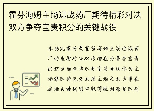 霍芬海姆主场迎战药厂期待精彩对决双方争夺宝贵积分的关键战役