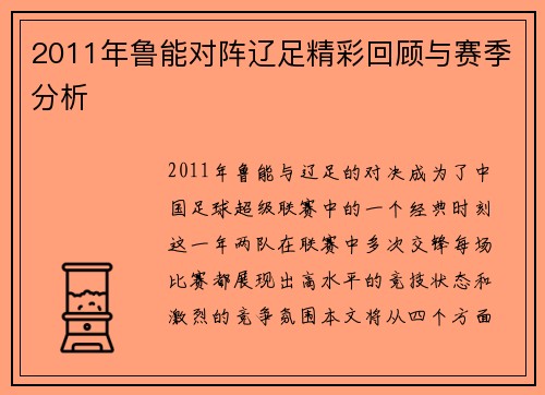 2011年鲁能对阵辽足精彩回顾与赛季分析