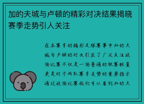 加的夫城与卢顿的精彩对决结果揭晓赛季走势引人关注