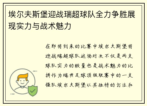 埃尔夫斯堡迎战瑞超球队全力争胜展现实力与战术魅力