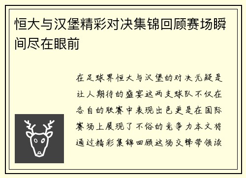 恒大与汉堡精彩对决集锦回顾赛场瞬间尽在眼前