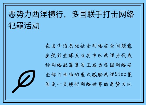 恶势力西涅横行，多国联手打击网络犯罪活动
